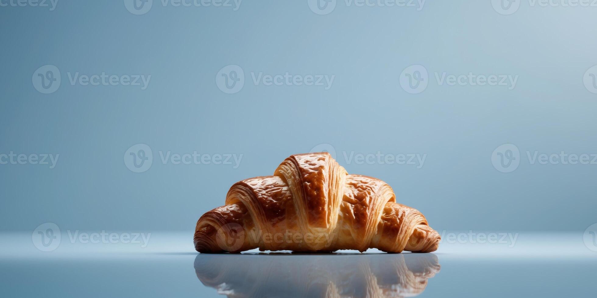 Croissant on reflective surface with soft blue background and ample copy space photo