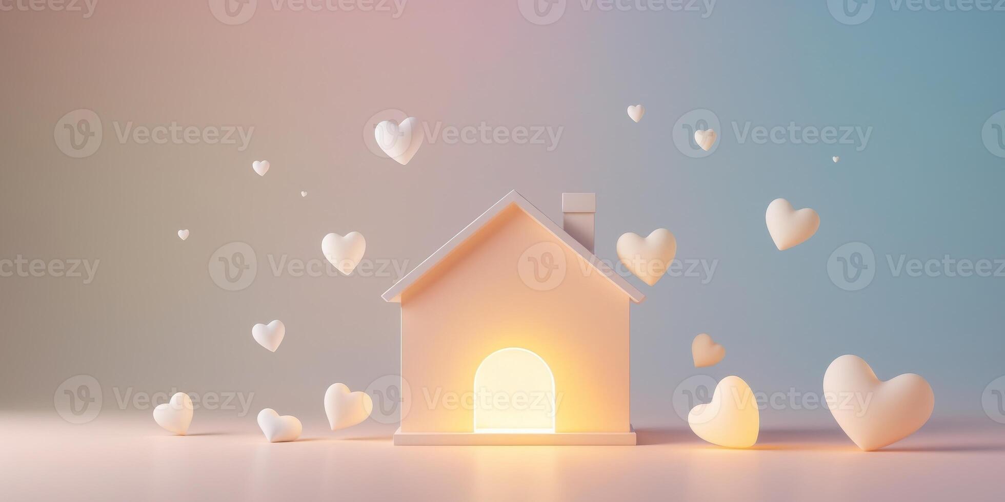 soft pastel gradient background with white hearts and glowing house. photo