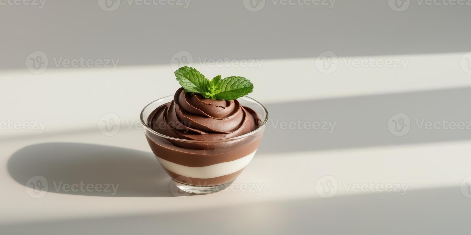 Chocolate mousse with mint garnish in a glass cup. photo
