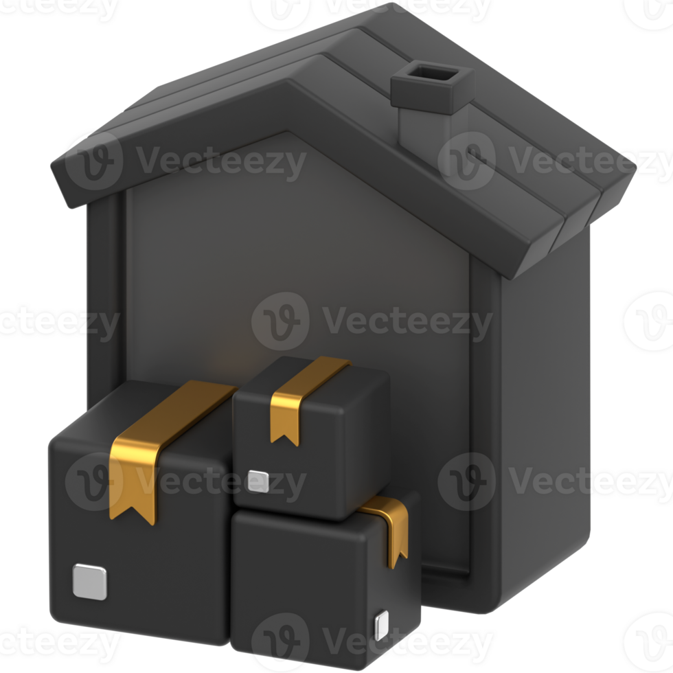 3d icon of a house with 3 packages in front png