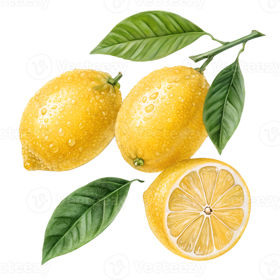 Fresh Lemons with Leaves png
