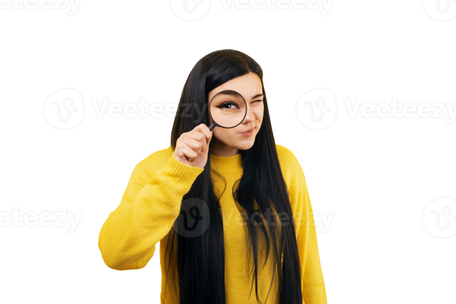 Beautiful woman looking through a magnifying glass, searching concept, isolated on transparent background png