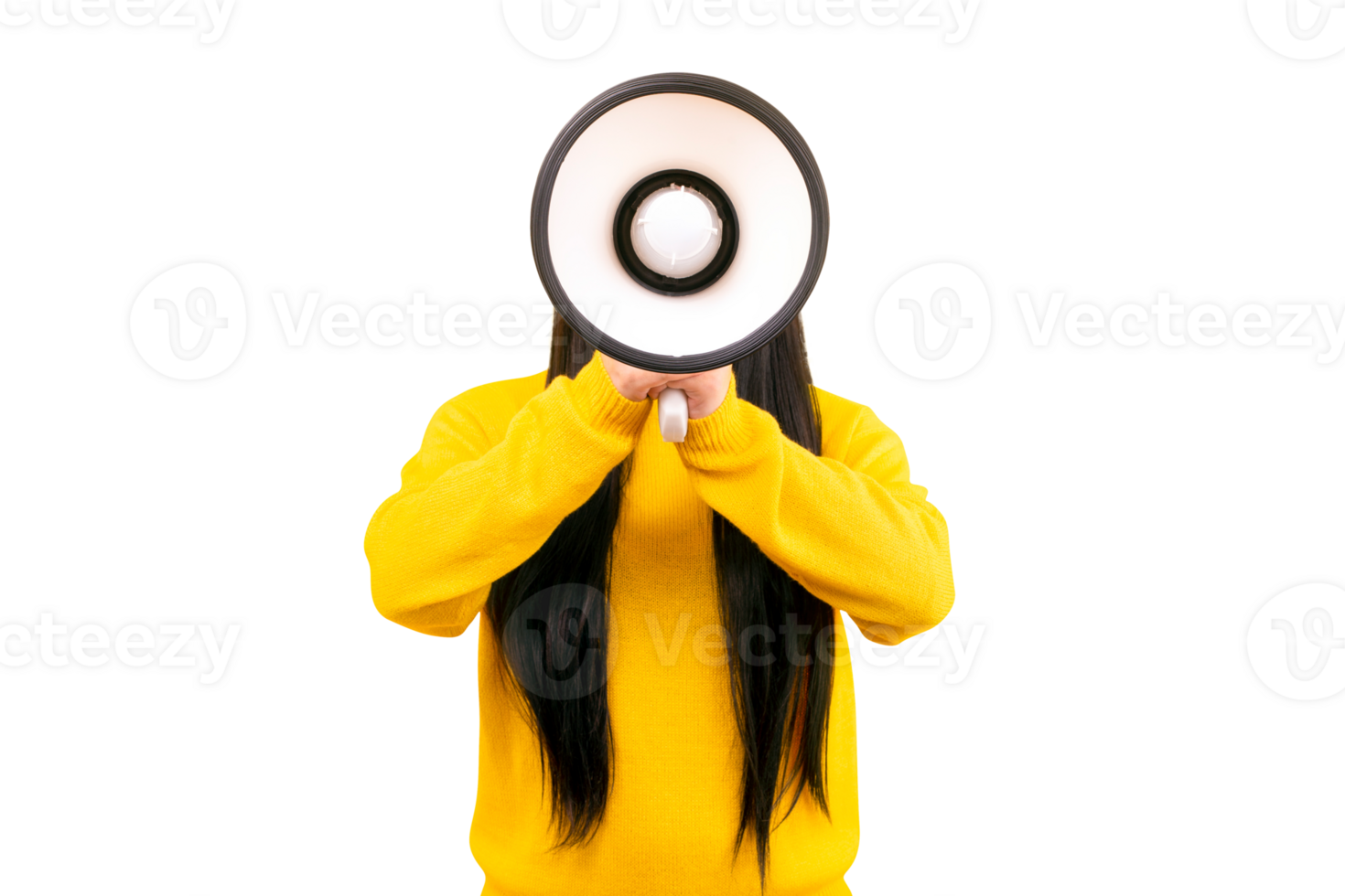girl in a yellow sweater with a megaphone isolated on transparent background png