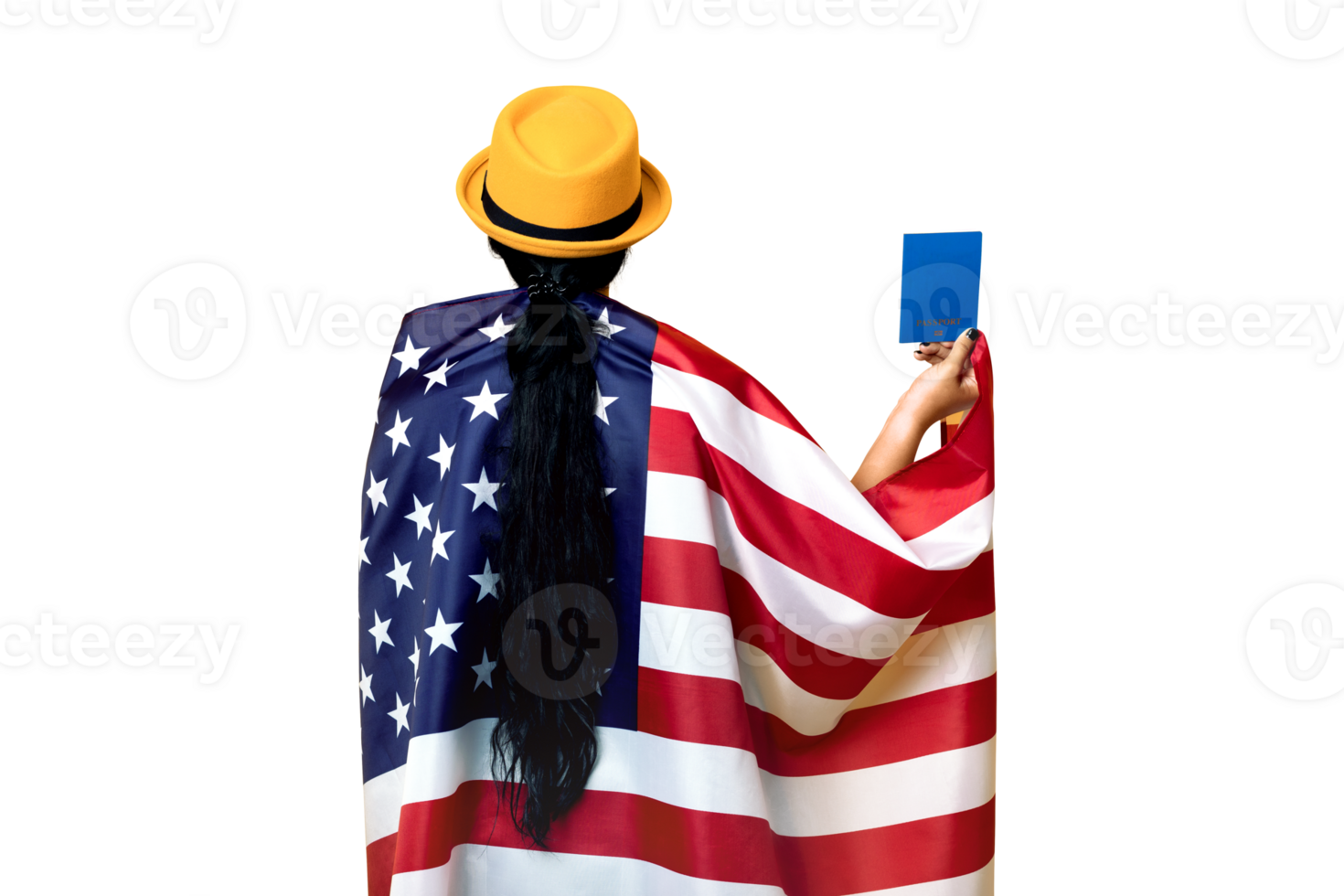 girl stands with her back and holds the American flag isolated on transparent background, girl in fashionable hat with USA flag, woman holding passport in hand, Immigration and emigration concept png