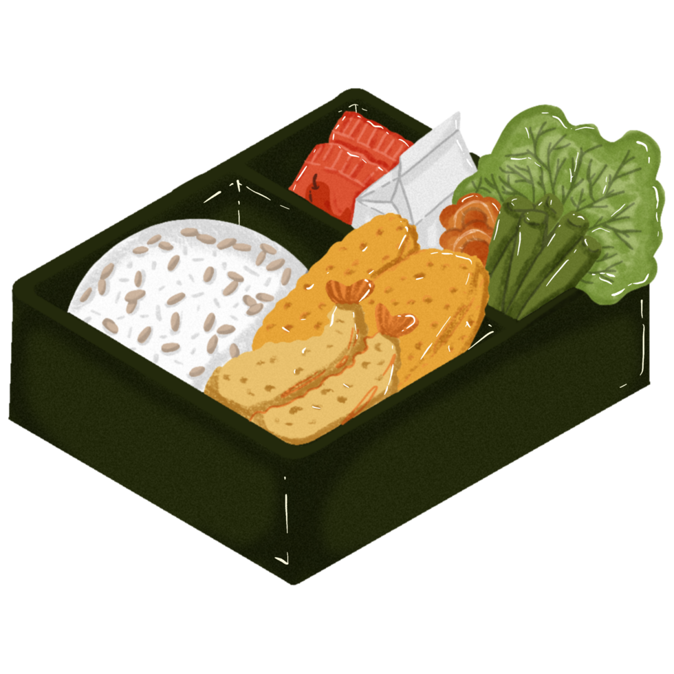 Bento filled with fried shrimp as well as vegetables and Milk png