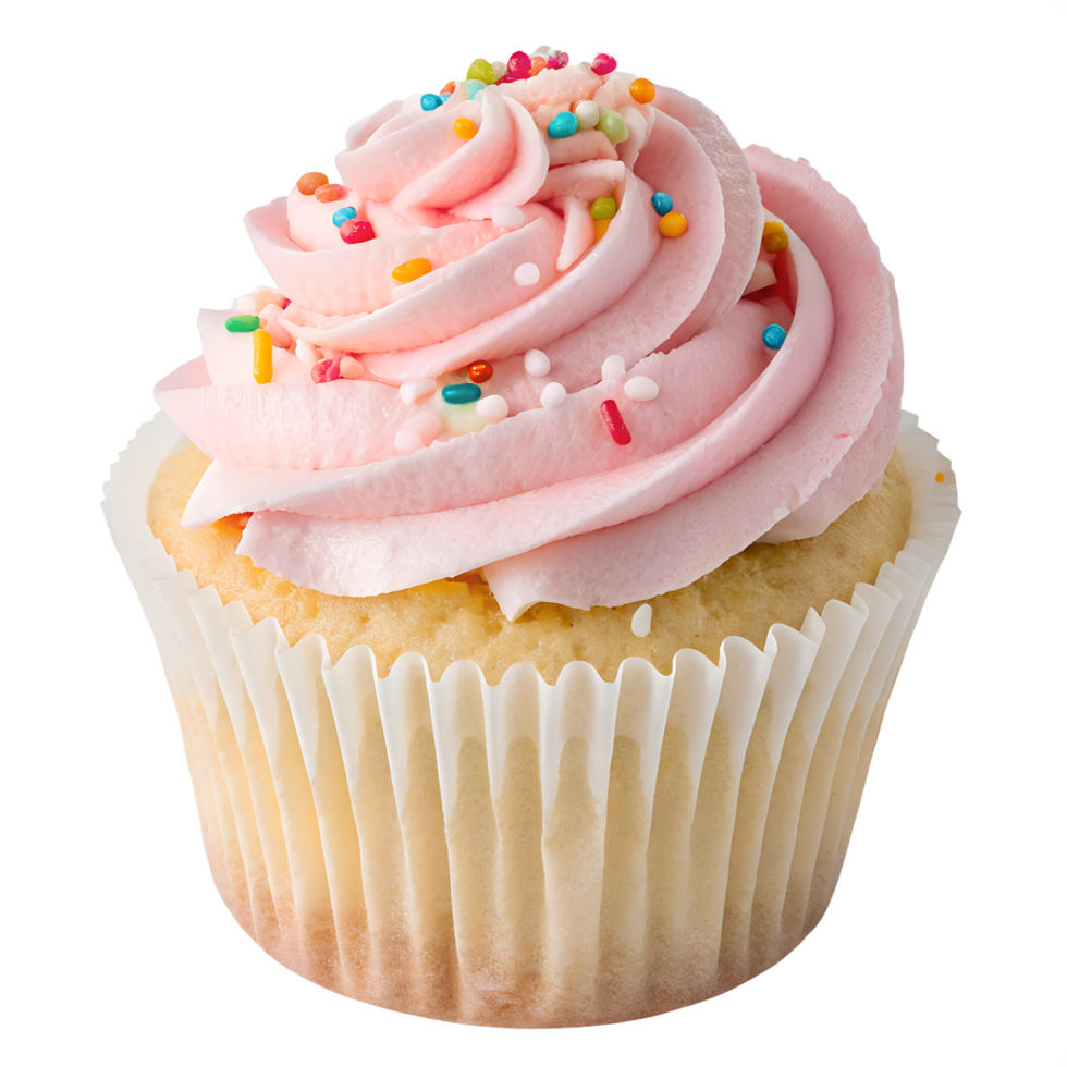 cupcake topped with pink swirled frosting and rainbow sprinkles, centered The cupcake liner is white with subtle ridges png