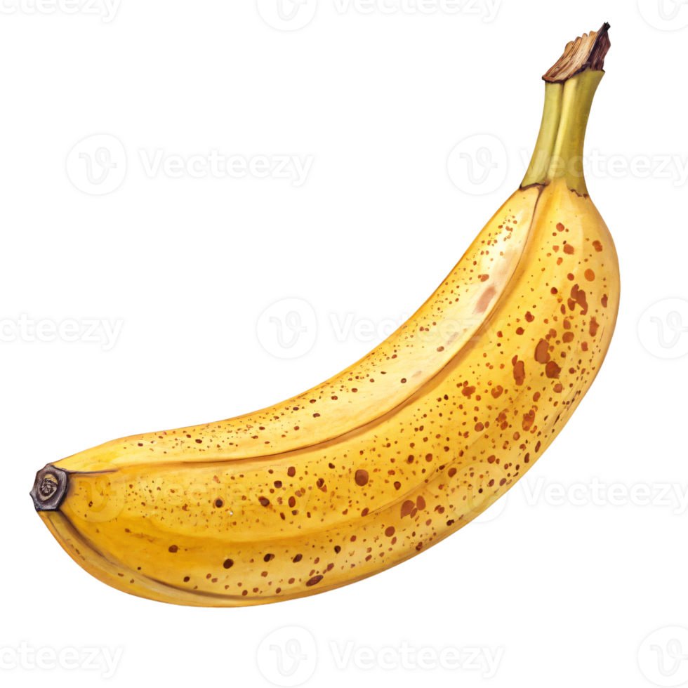 A perfectly ripe banana with a bright yellow peel, featuring natural brown speckles and a soft png