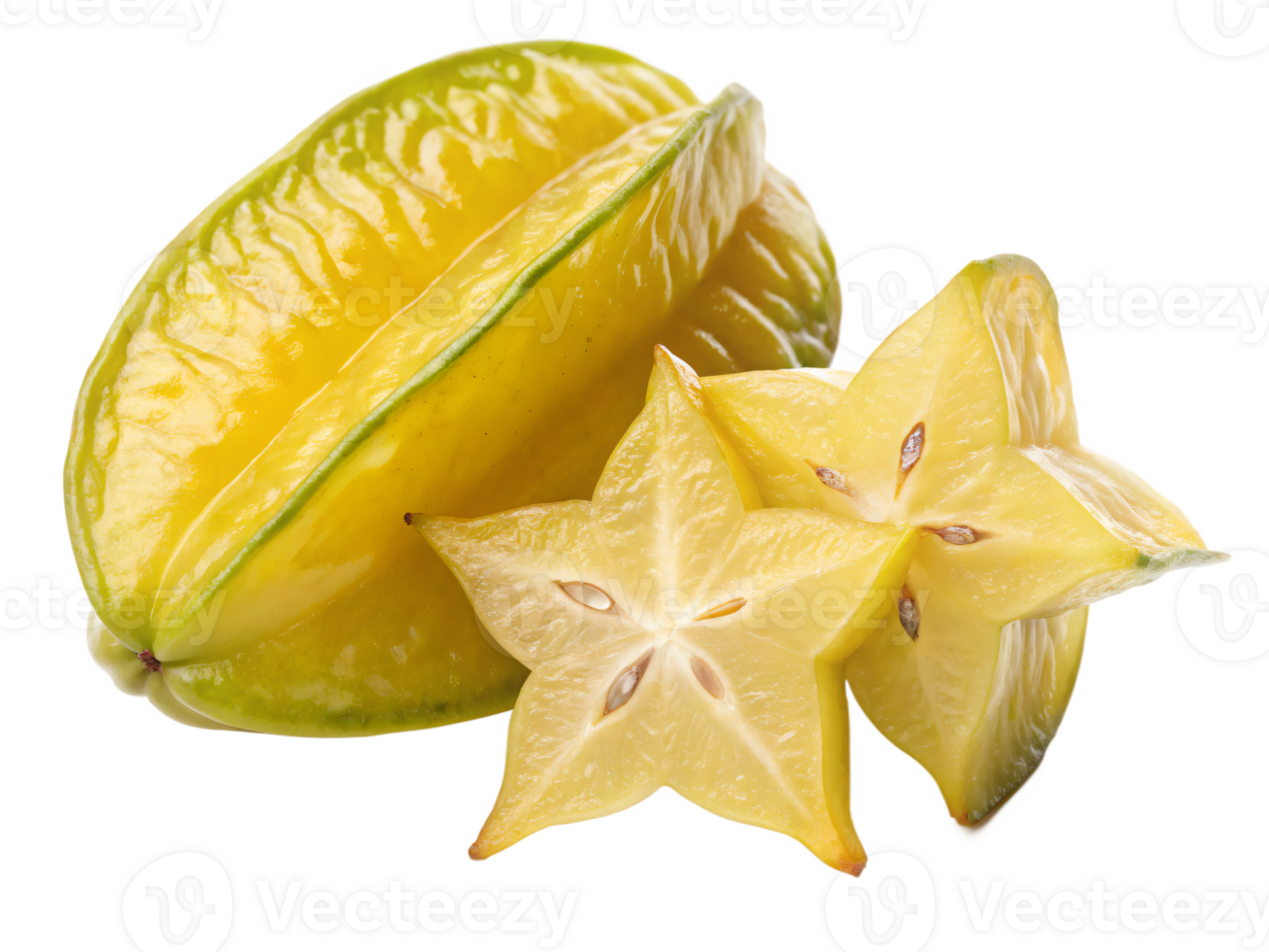 A yellow star fruit with a waxy, glossy skin and a unique star-shaped cross-section. png