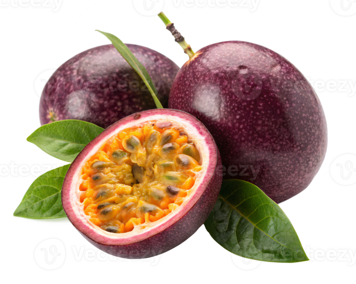 A purple passion fruit with a wrinkled, matte skin and a vibrant orange interior. png