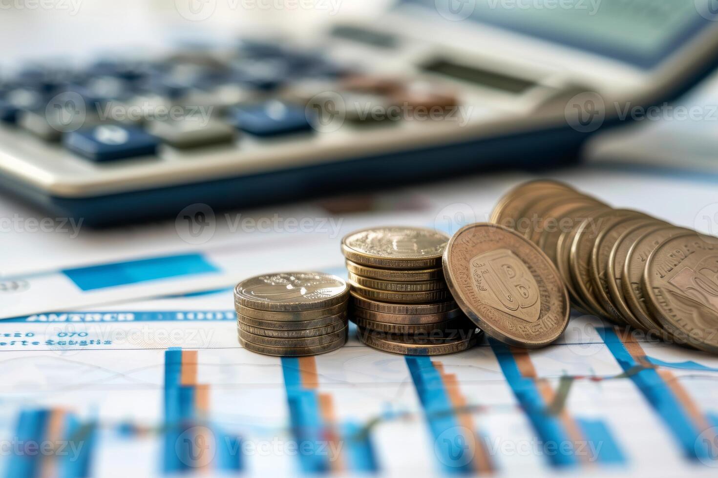 Stacks of coins and calculator on financial documents photo
