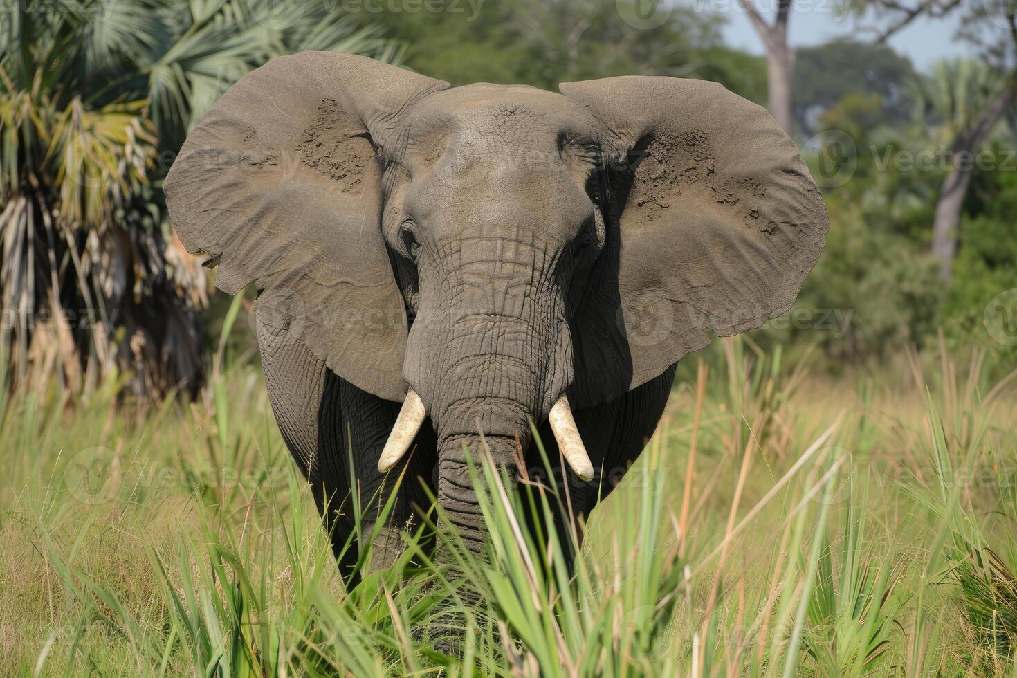 A large elephant walking through tall grass photo