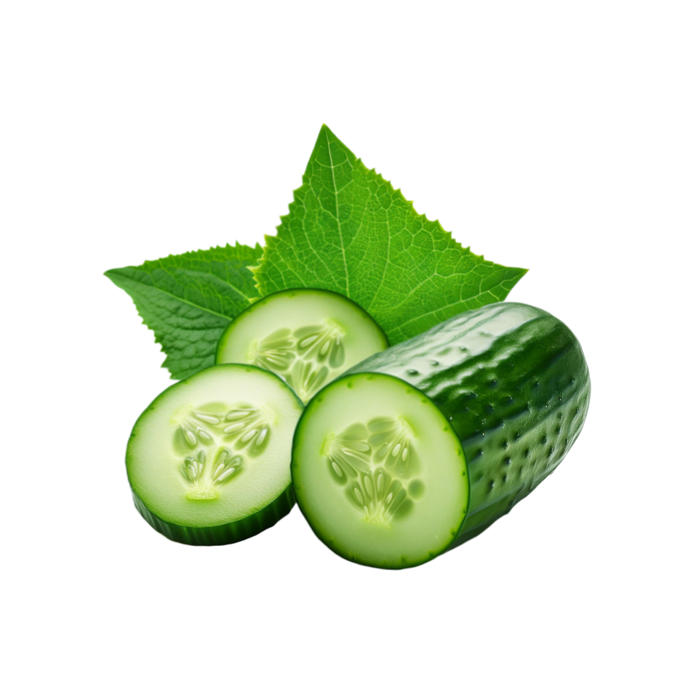Fresh green cucumber with slices and leaf on transparent background png