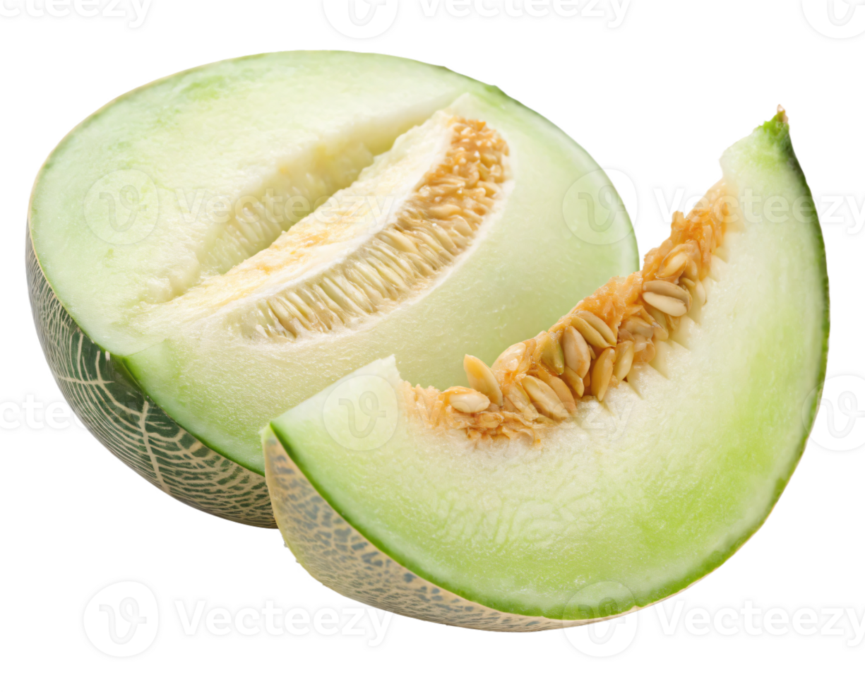 A slice of honeydew melon with pale green flesh and a smooth, light green rind. png