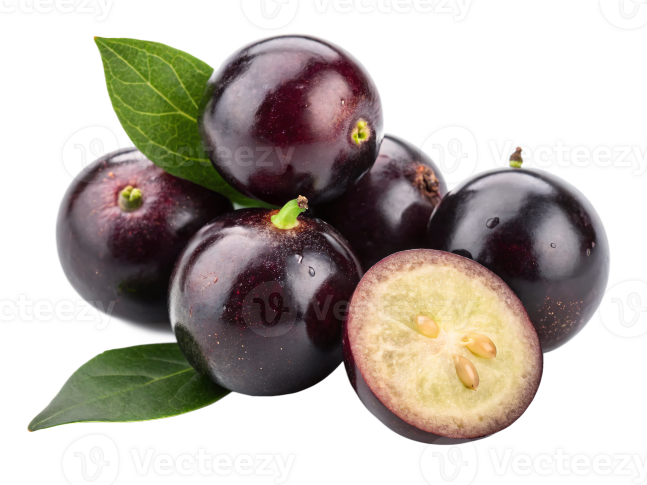 A cluster of jabuticaba fruits with a dark purple, glossy skin and a fresh, grape-like appearance. png