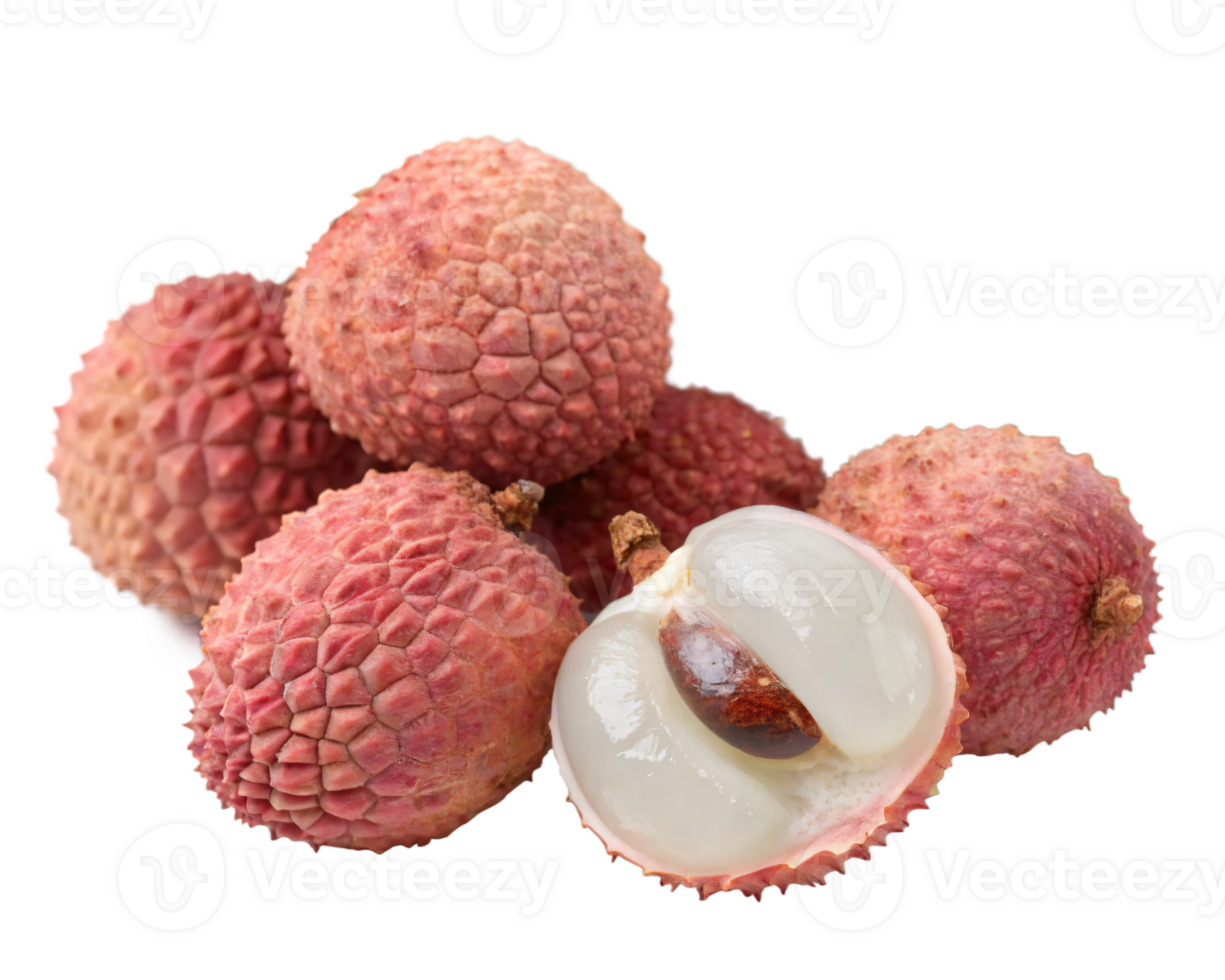 A cluster of lychees with a rough, pinkish-red shell and translucent white flesh. png