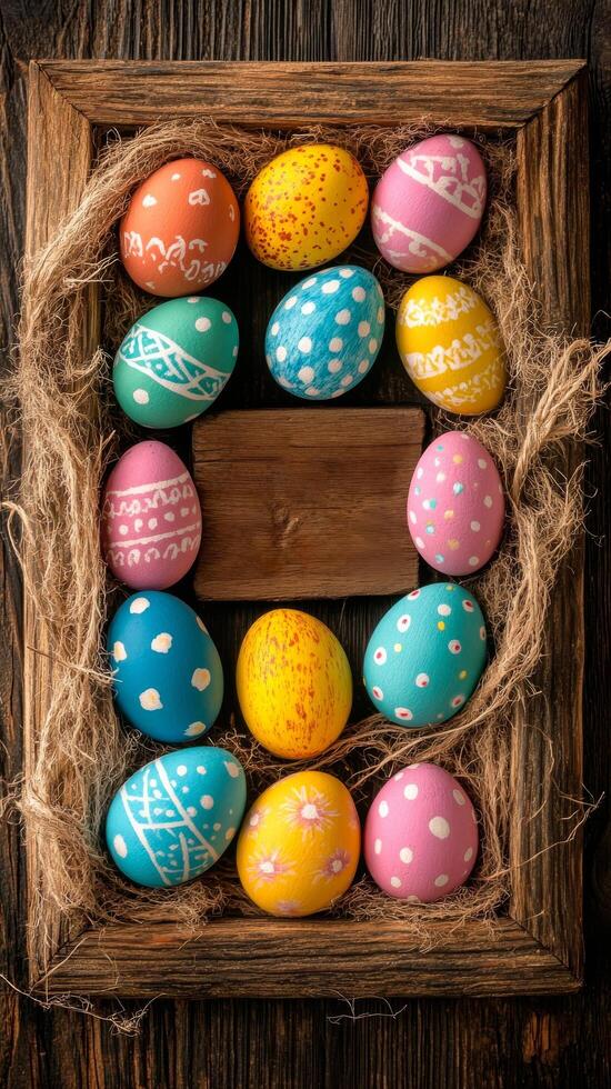 Colorful easter eggs in a wooden box on a vertical wooden background photo