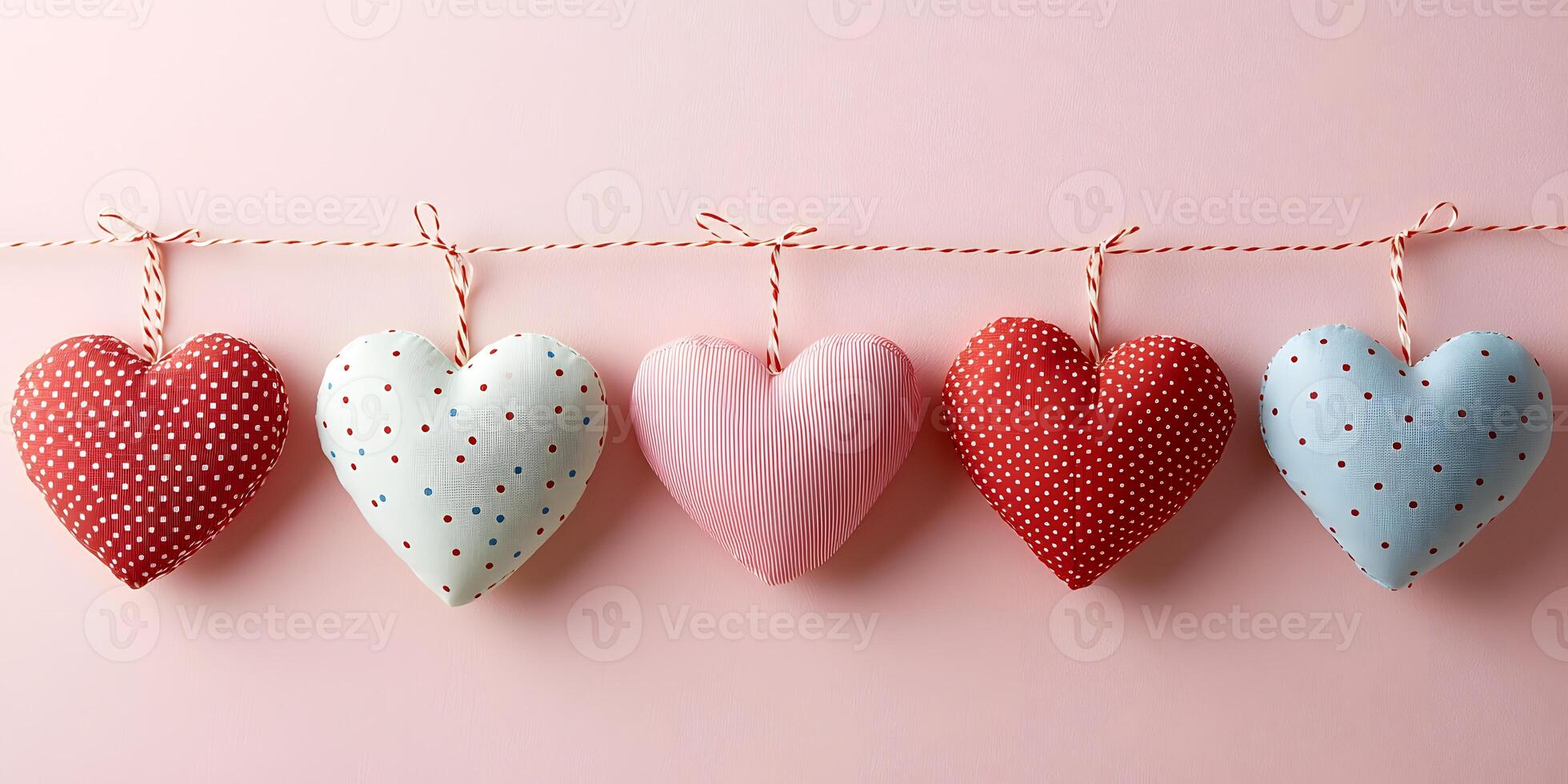 Colorful fabric hearts make festive Valentine's decor. . photo