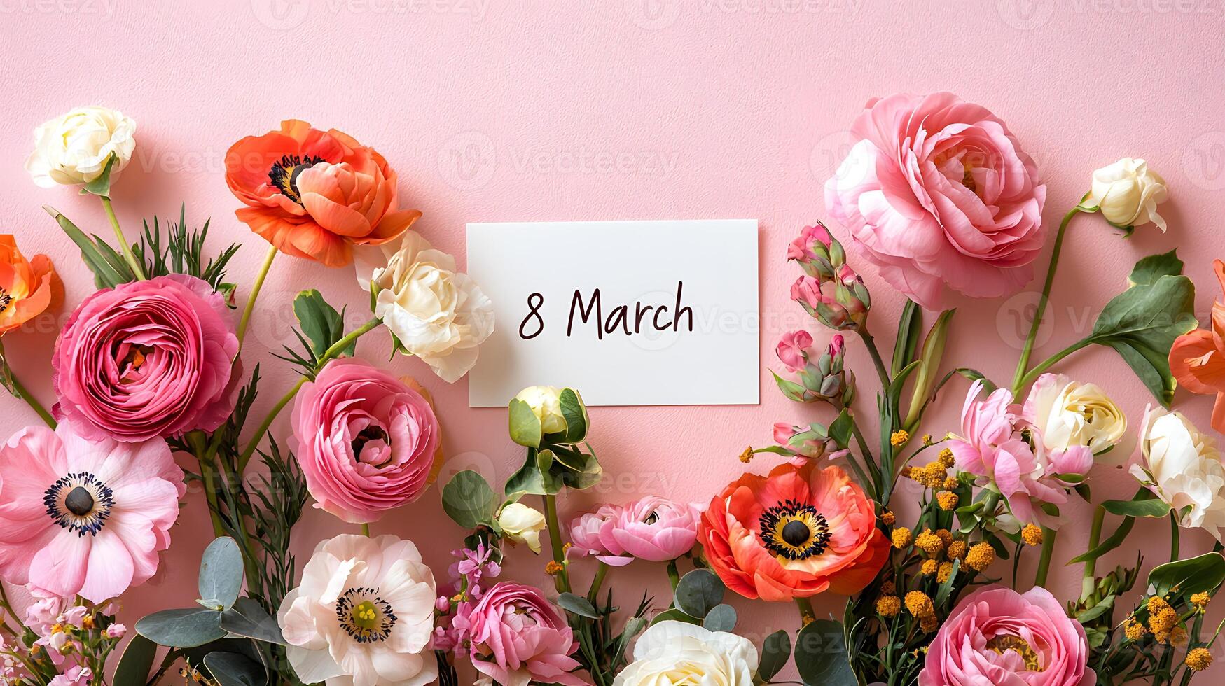 Colorful flower arrangement on pink background for March 8 celebration. . photo