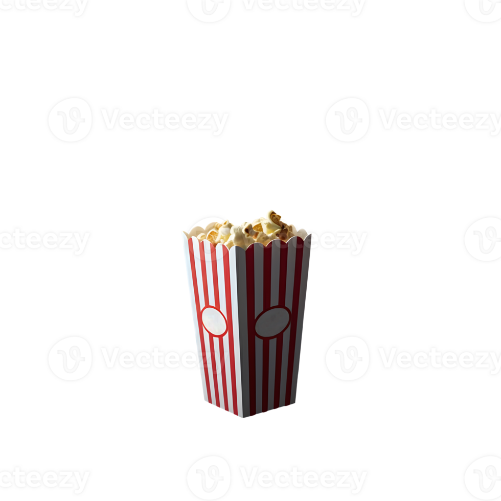 Iconic striped popcorn box with flying kernels for cinema snacks and movie night promotions png