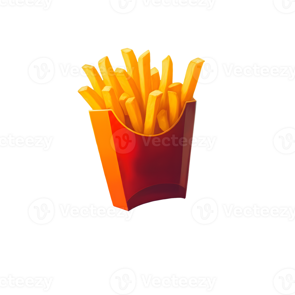 Iconic crispy French fries cut out in vibrant red box for fast food menu design and promotional materials isolated in a transparent background png