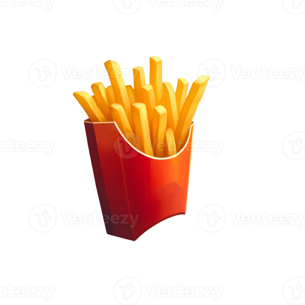 Iconic crispy French fries cut out in vibrant red box for fast food menu design and promotional materials isolated on transparent background png