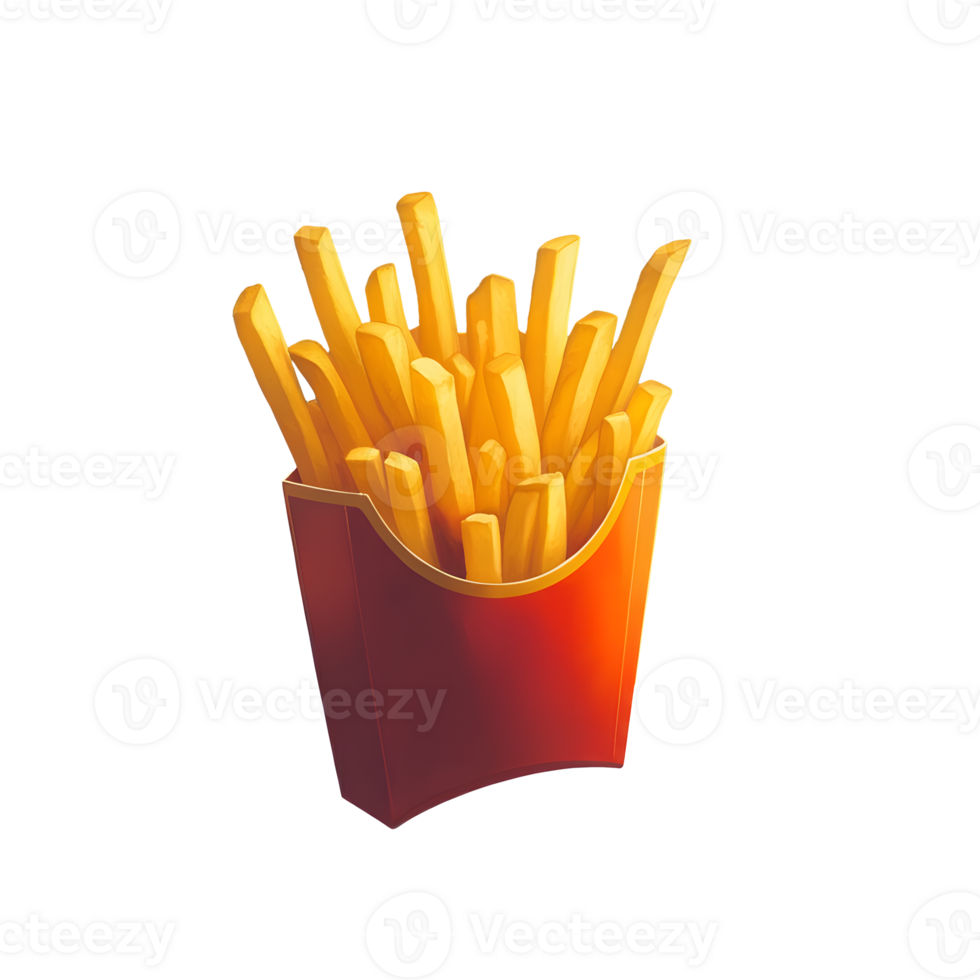 Iconic crispy French fries cut out in vibrant red box for fast food menu design and promotional materials isolated in transparent background png