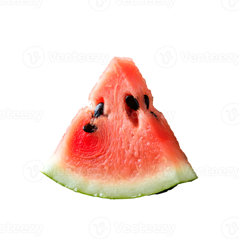 Fresh watermelon slice cut out with vibrant red flesh and black seeds isolated in a transparent background perfect for summer themes png