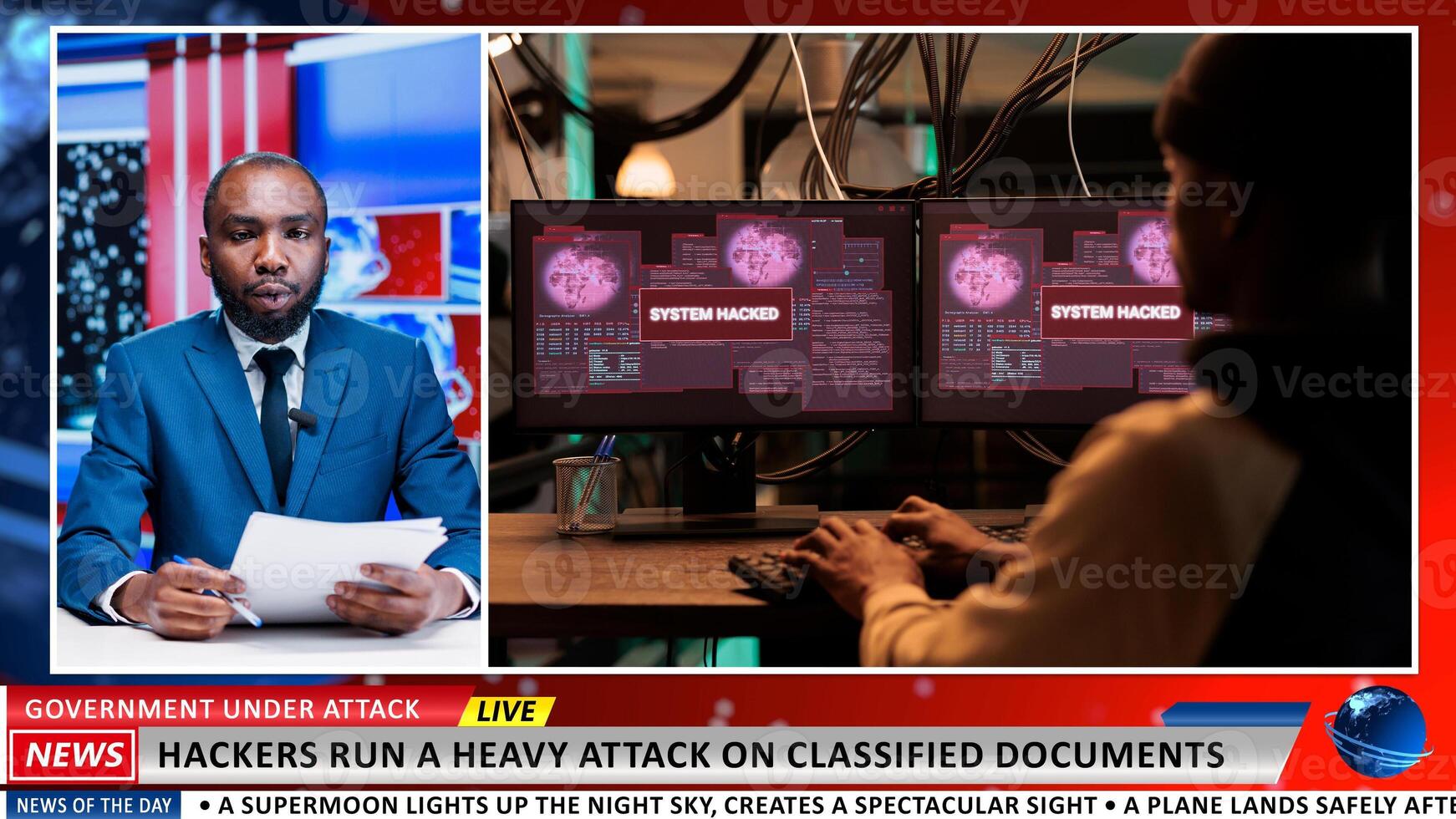 Journalist addresses server IT attacks, danger of stealing identities and online information. Man tv newscaster describing cyberbullying and reckless criminals who steal passwords. photo