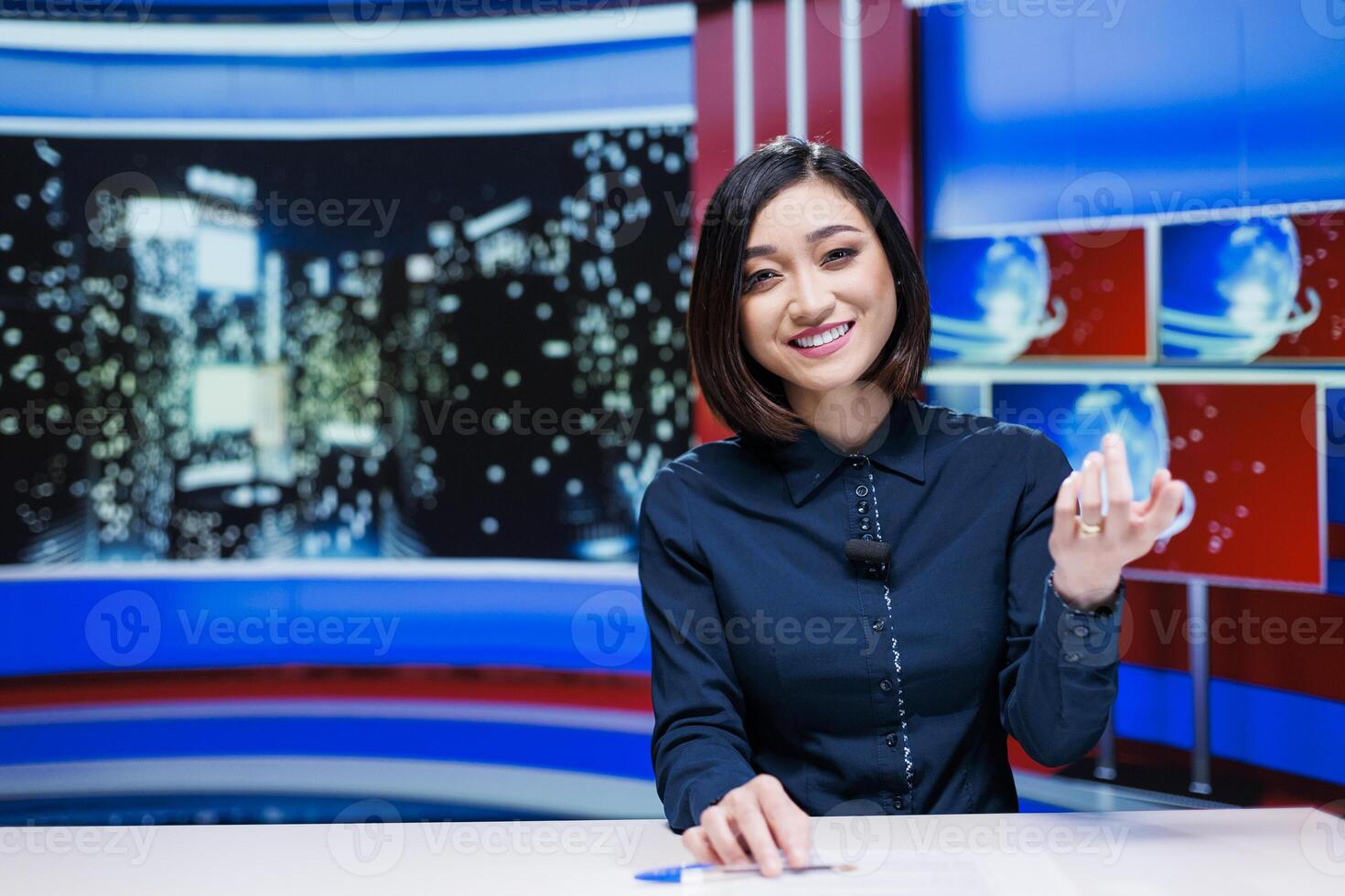 Newscaster hosting late night talk show to cover all important topics daily, addressing global breaking news. Television reporter presenting live information on broadcast, tv network. photo