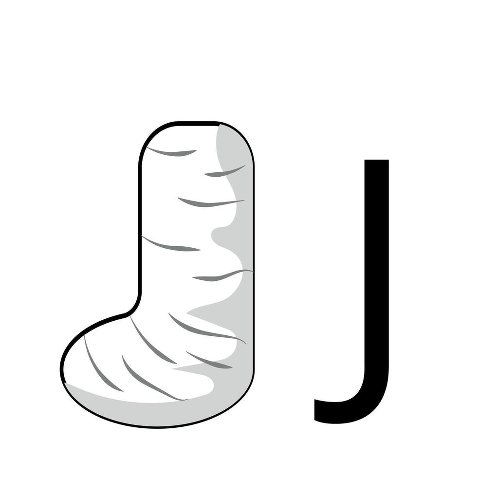 lettering design in the form of a plaster cast leg folded in the shape of the letter J vector
