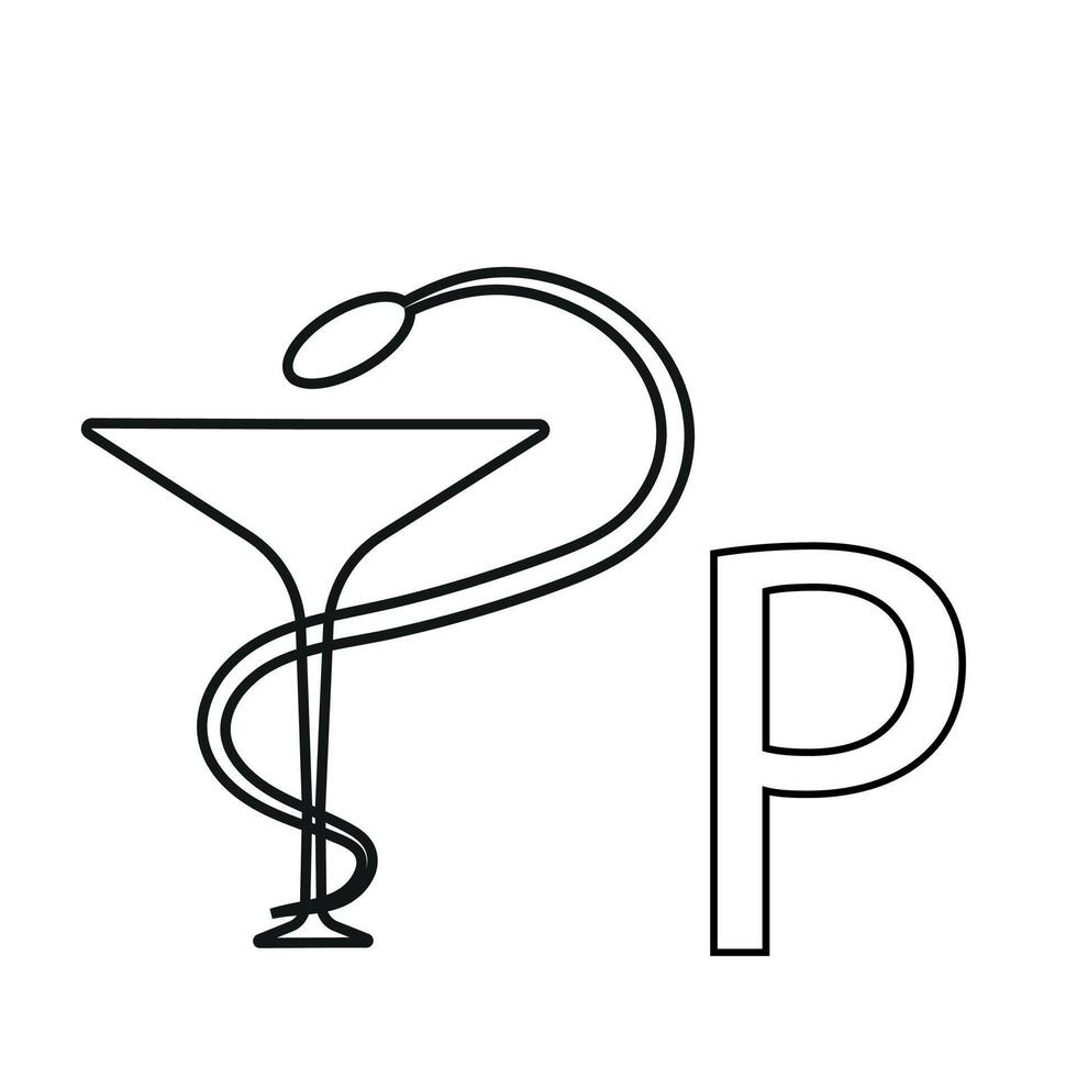 letter design with the symbol of a glass of hygeia, folded in the shape of the letter P, drawn in line art style vector