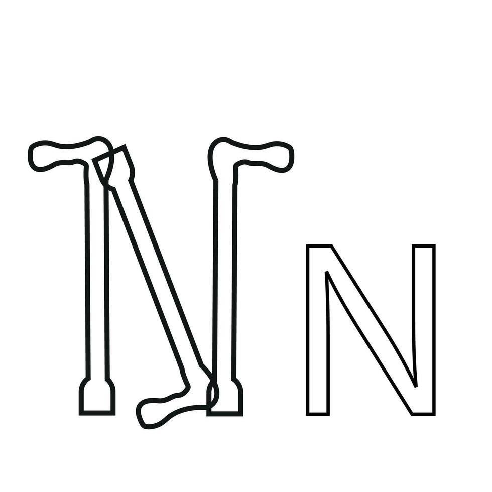 letter design in the form of two crutches with fractures folded in a N shape, drawn in line art style vector