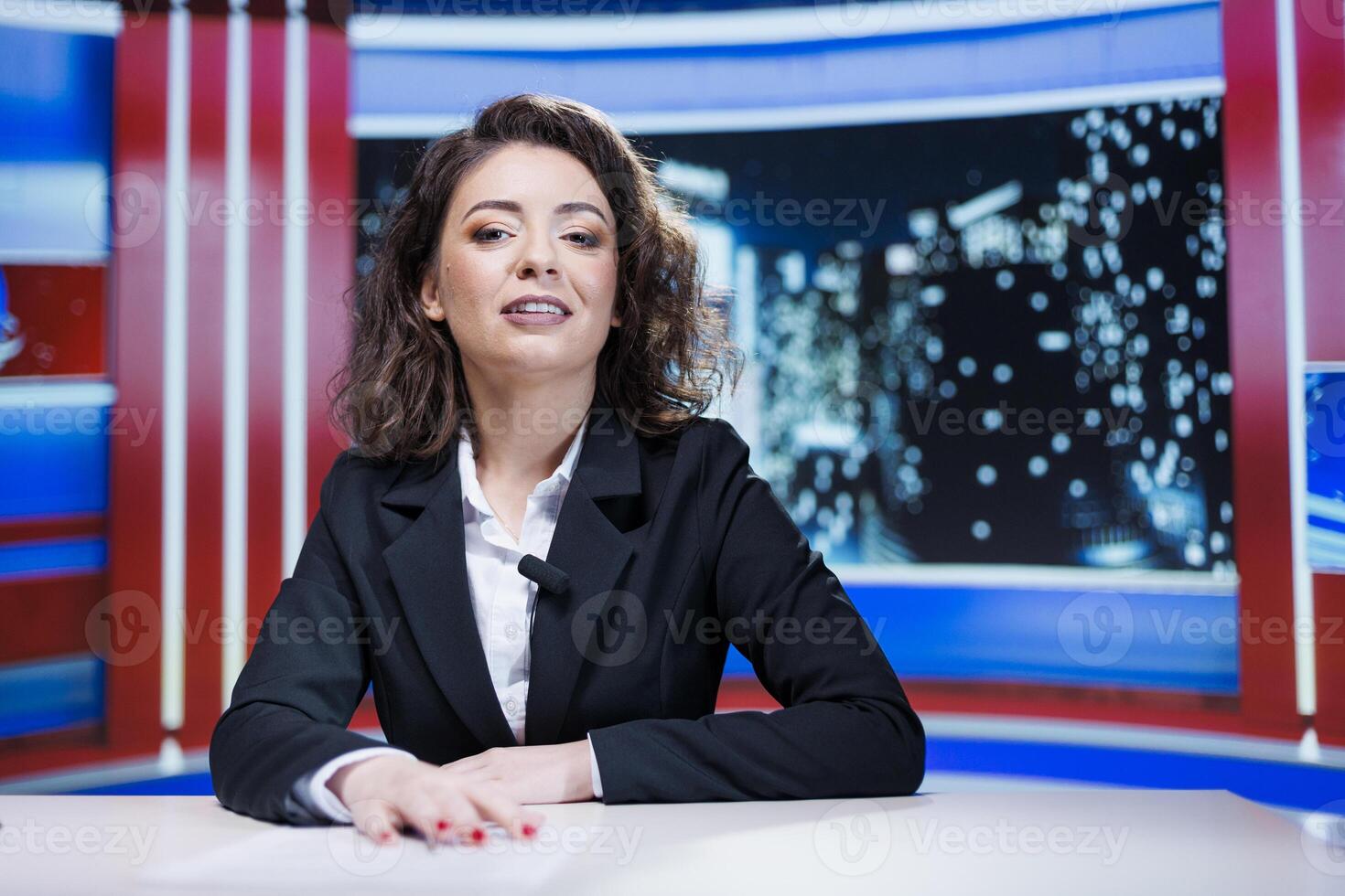 TV reporter discussing latest news, talking about international events and worldwide drama. Journalist in newsroom doing newscast report with important headlines, covering economics topics. photo