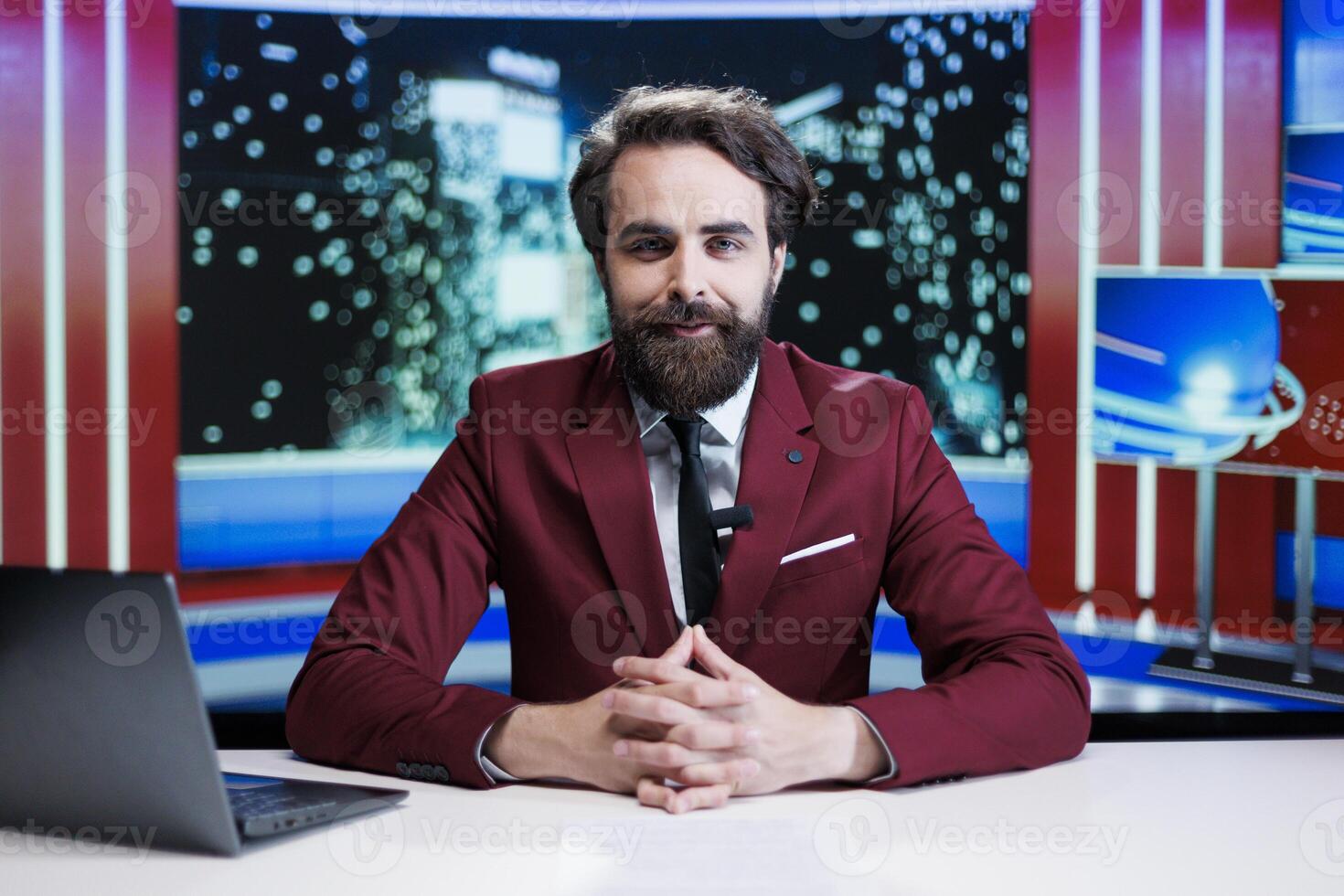 Moderator of news presenting current topics and delivering hottest recent events on night show. At midnight, man journalist broadcasting live leisure program for television channel. photo
