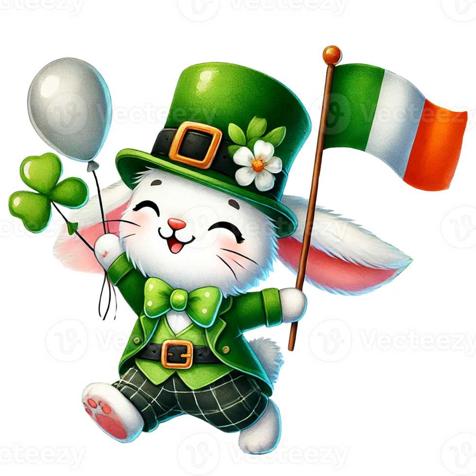 Cute cartoon bunny celebrating St. Patrick's Day with joy. png