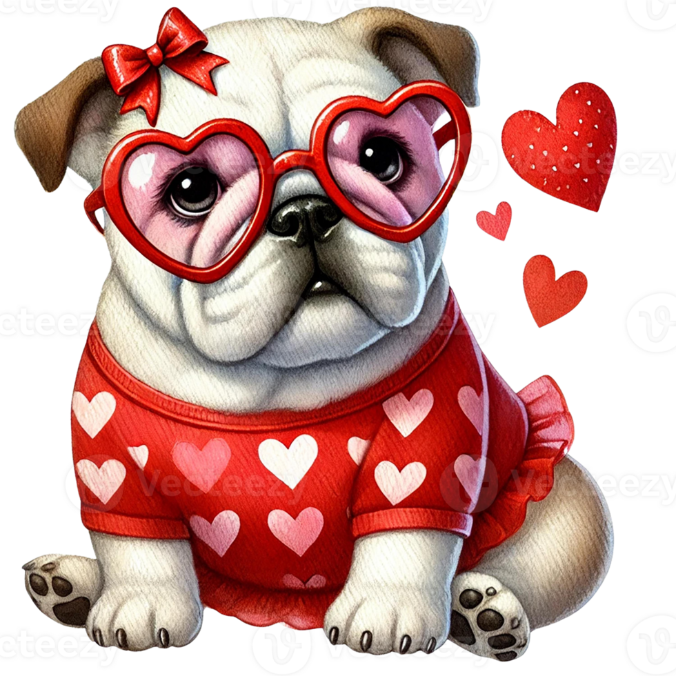 A cute pug wearing heart-shaped glasses and a festive outfit. png