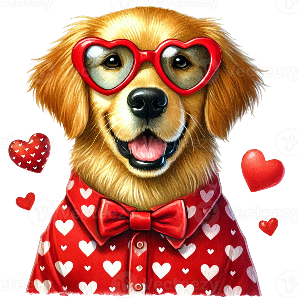 A cheerful golden retriever wearing heart-shaped glasses. png