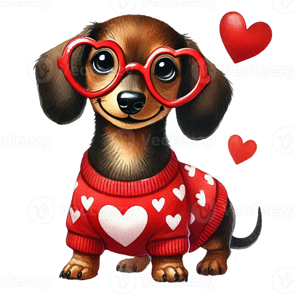A cute dachshund wearing a heart-themed sweater and glasses. png