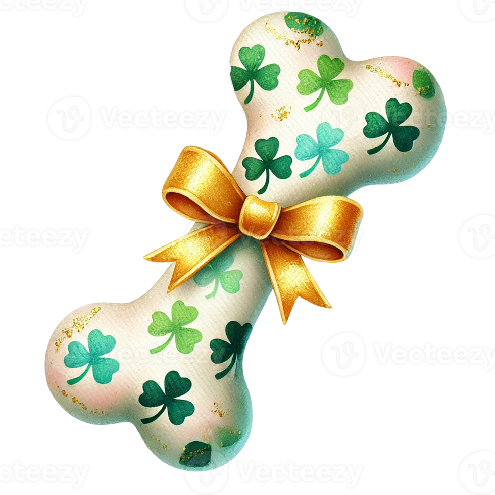 A decorative dog bone with green clovers and a yellow ribbon. png