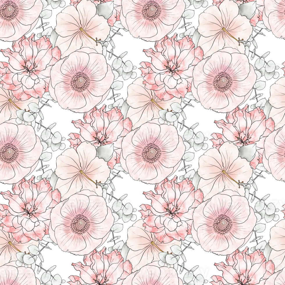 Pink Watercolor Spring Flowers Seamless Pattern - Summer Plants - Florals - Botanicals - Blooming Peonies png