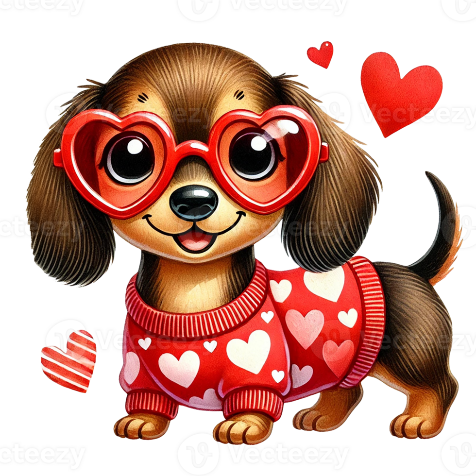 A cute dog in heart glasses and a sweater, perfect for Valentine's Day. png