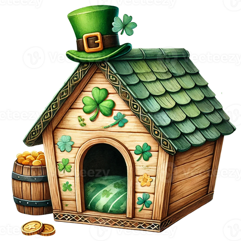 A whimsical Irish-themed dog house adorned with clovers. png