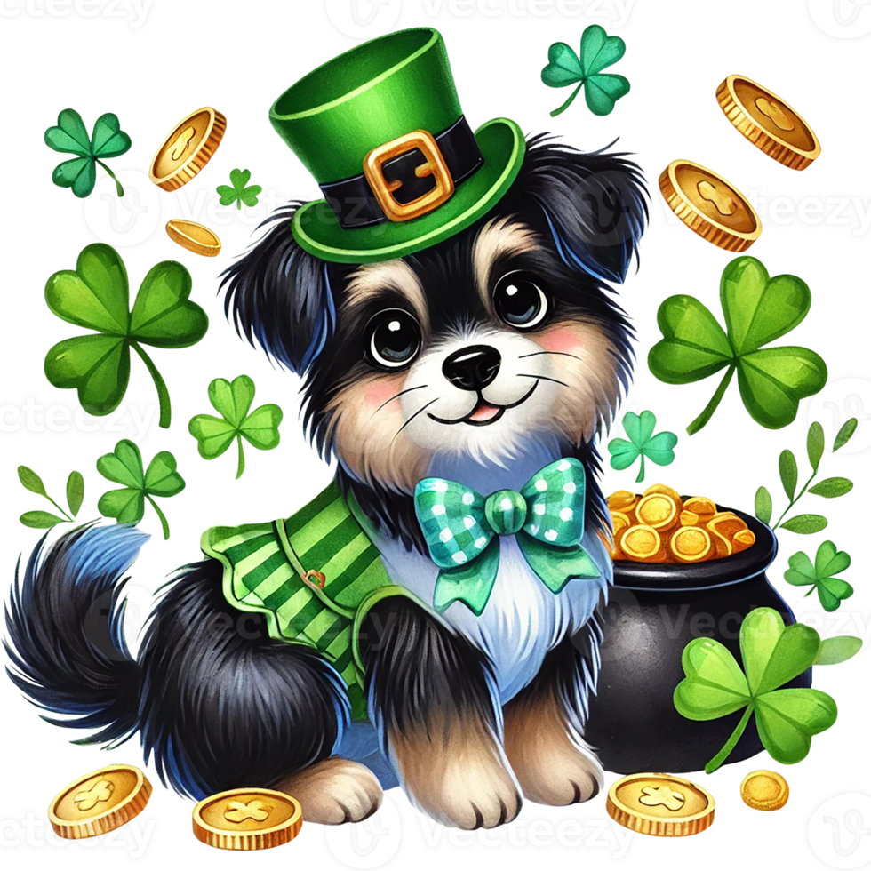 Cute dog in festive attire with shamrocks and coins. png