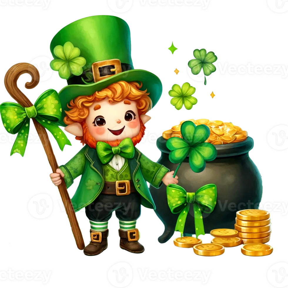 Cheerful leprechaun with a pot of gold and shamrocks. png