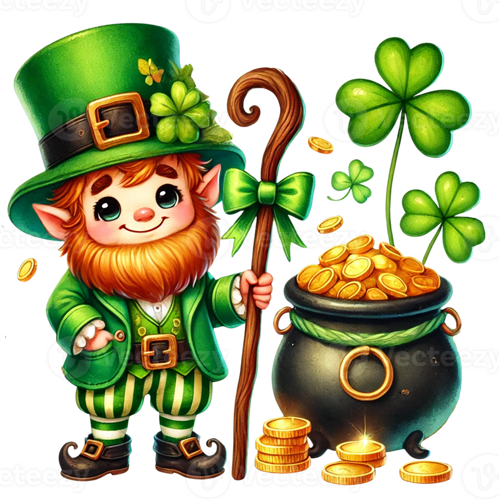 Whimsical leprechaun with gold coins and shamrocks in a pot. png
