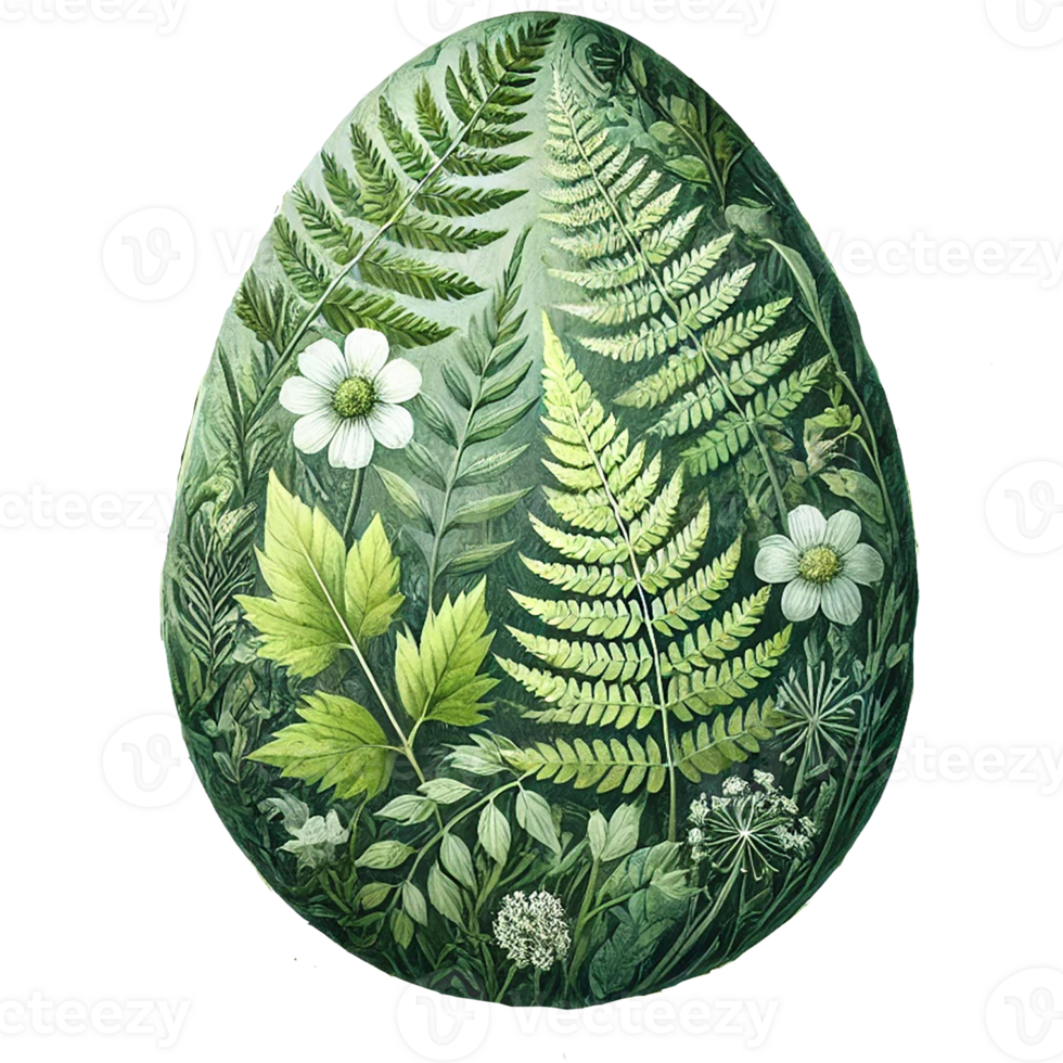 An artistic depiction of an egg adorned with green foliage. png