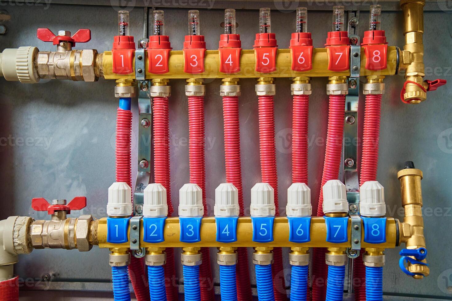 Underfloor heating manifold with valves and flow meters photo
