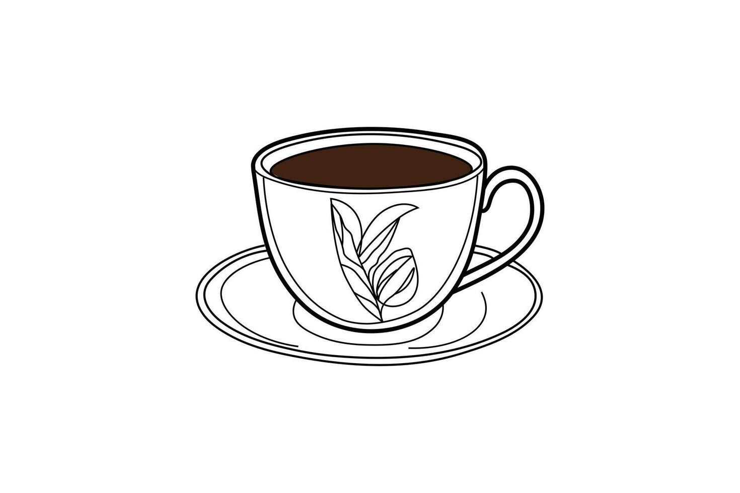 Minimalist black and white Coffee and tea cups on saucers isolated outline design vector