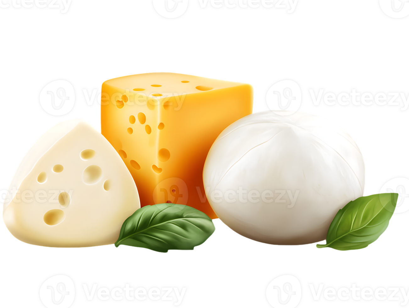 Assortment of Yellow Cheddar White Cheese and Mozzarella with Basil png