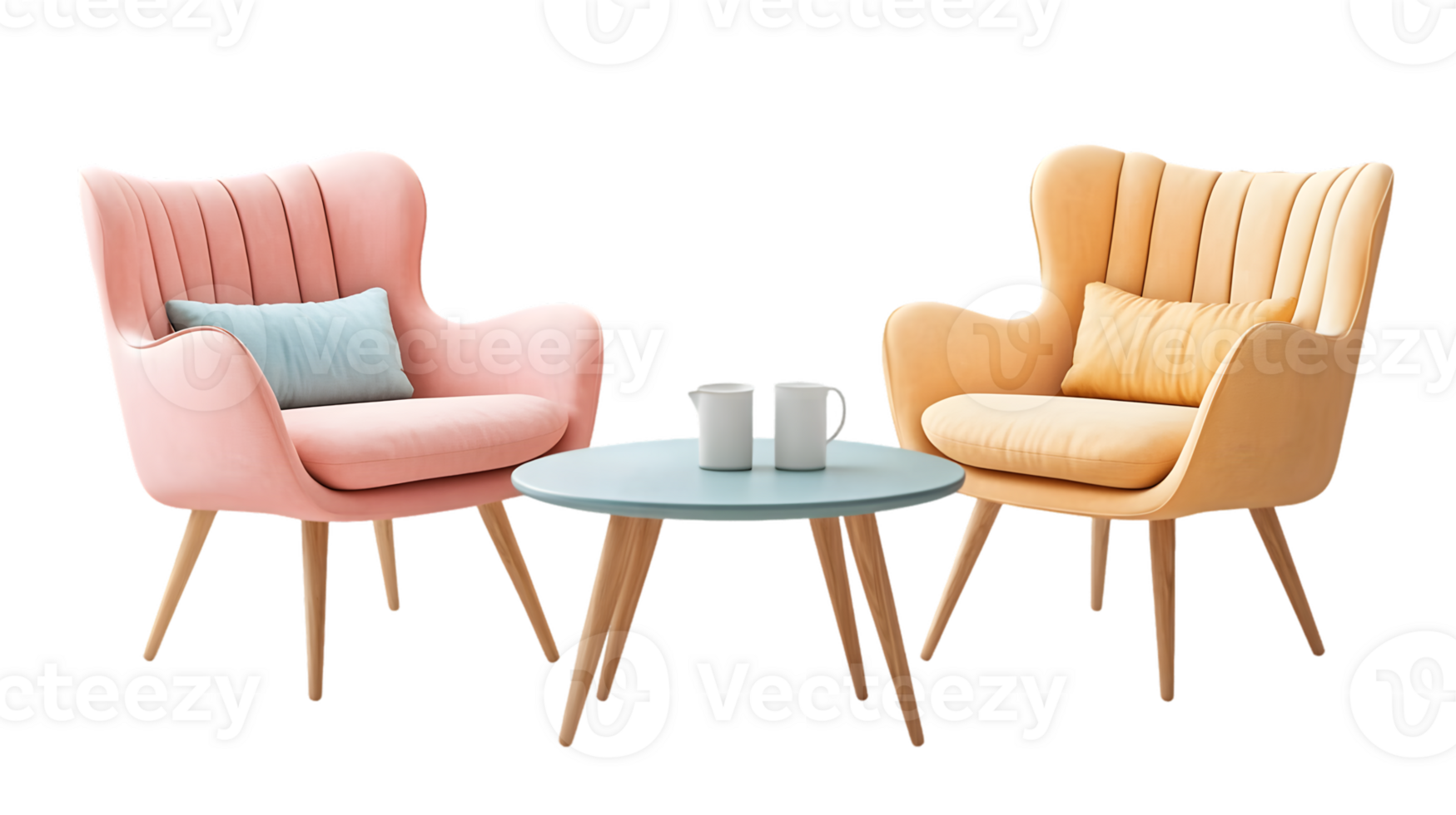 Pastel Pink and Yellow Armchairs with Gray Table and White Mugs png